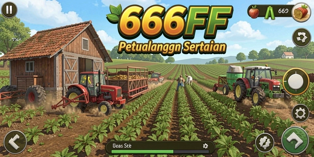 Screenshot gameplay <strong>666FF</strong> yang menggambarkan suasana pertanian yang ceria.