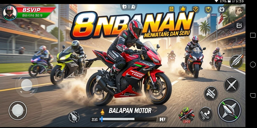 Screenshot utama 8SVIP menampilkan aksi balapan motor yang mendebarkan.