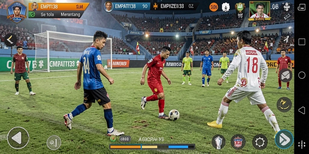 Screenshot utama EMPATI138 menampilkan aksi seru di lapangan sepak bola.