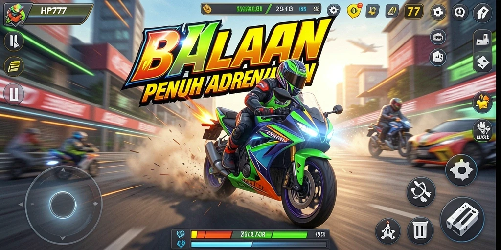 Gameplay HP777 yang menampilkan balapan motor mendebarkan.