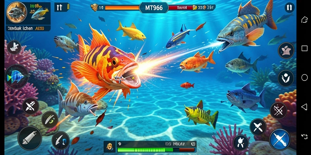 Gameplay seru MT966 dengan tampilan menarik saat menembak ikan.